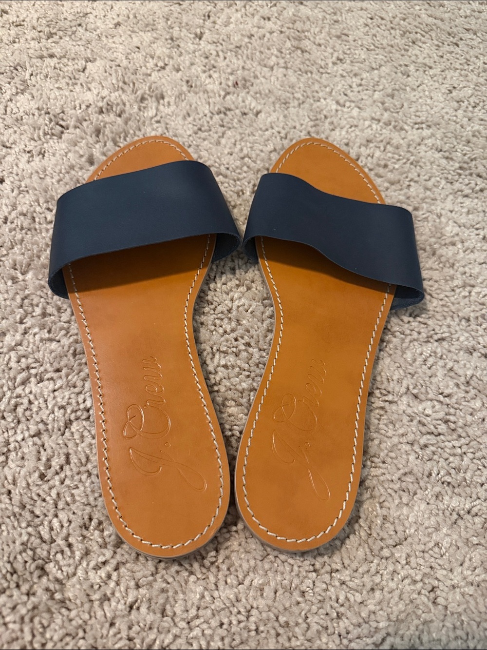 J. Crew Navy Slide Sandals with Tan Footbed